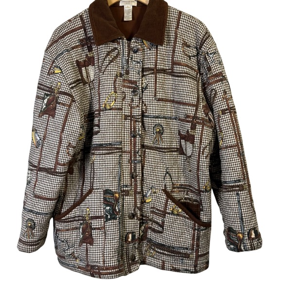 Jones NY VTG Large Houndstooth Brown Barn Coat Equestrian Print Corduroy Collar - Picture 1 of 10